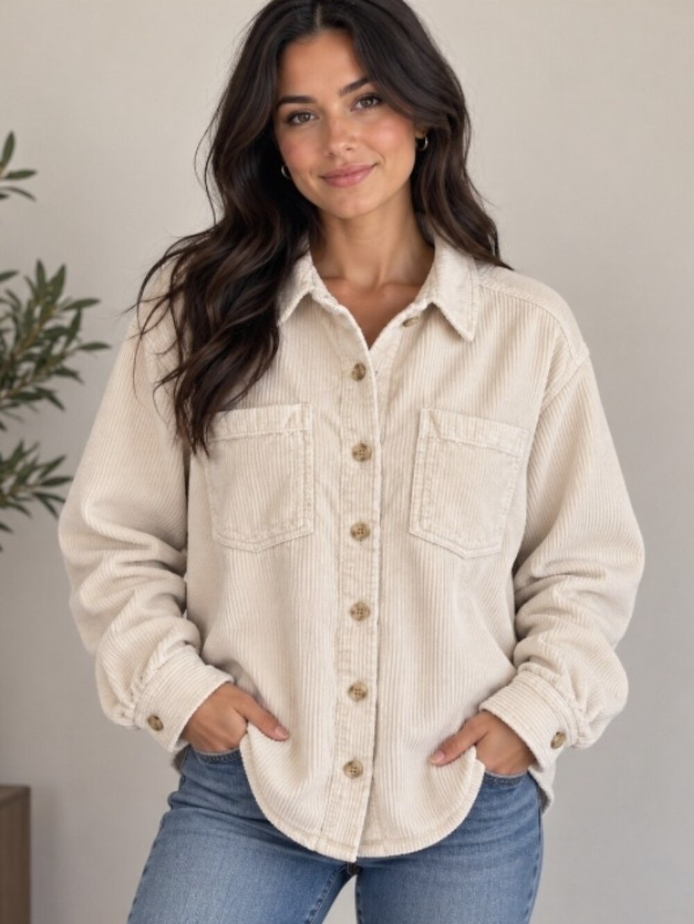 Hollister XS Cream Corduroy Shacket Button Front Shirt Oversize Jacket